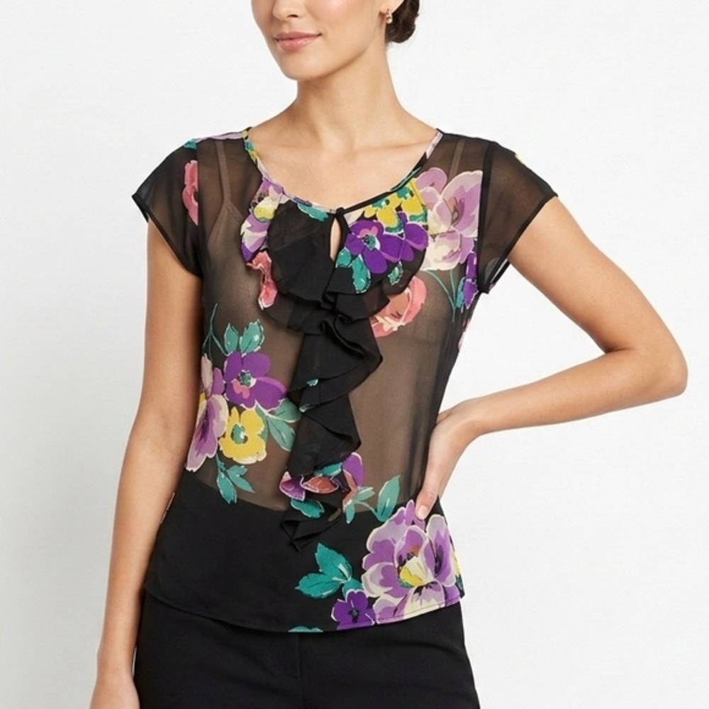 Ralph Lauren Silk Floral Ruffle Blouse Sheer Boho Cottagecore Fairycore M